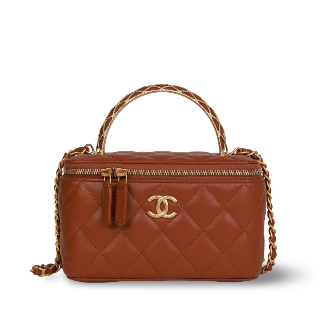 Chanel Quilted Lambskin Small Tophandle Vanity on Chain - GHW/ Brown