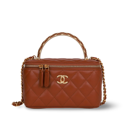 Chanel Quilted Lambskin Small Tophandle Vanity on Chain - GHW/ Brown