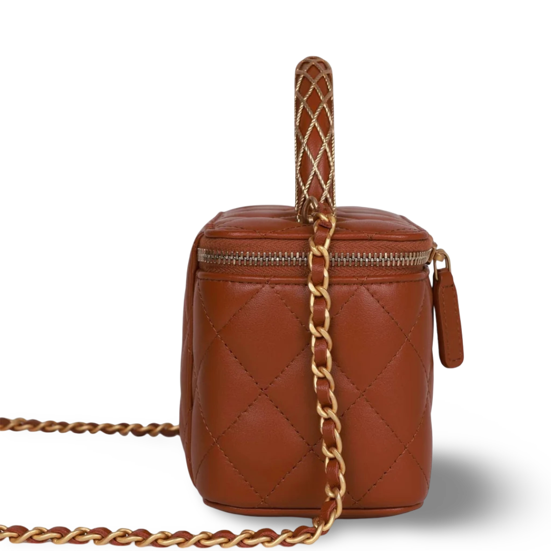 Chanel Quilted Lambskin Small Tophandle Vanity on Chain - GHW/ Brown