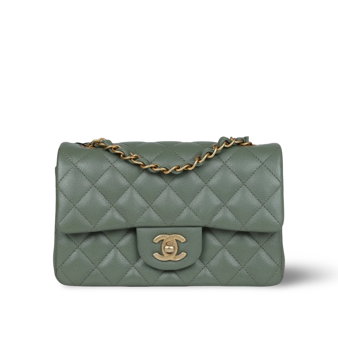 Chanel 18C Quilted Caviar Rectangular Mini Sing Flap - GHW / Olive Green