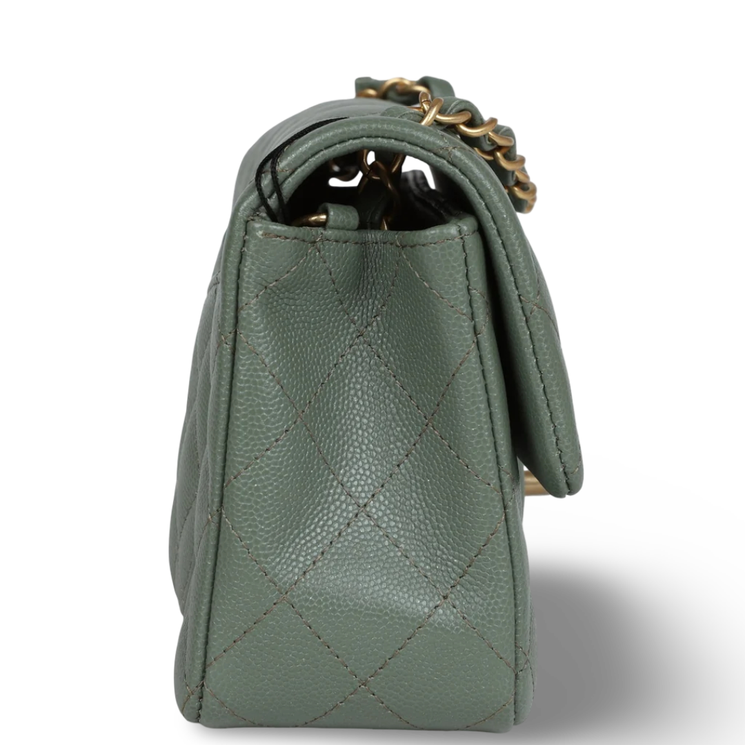 Chanel 18C Quilted Caviar Rectangular Mini Sing Flap - GHW / Olive Green