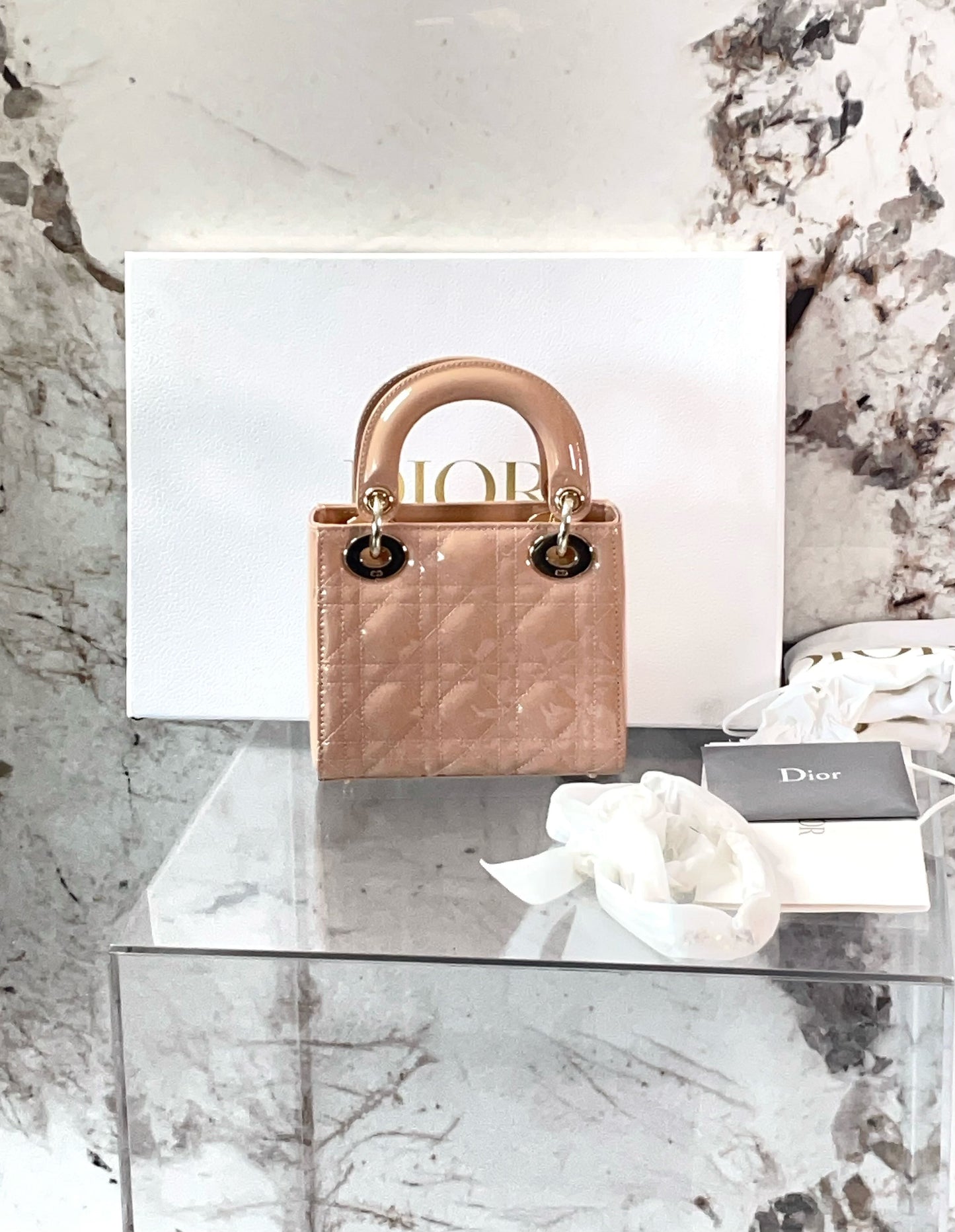 Dior Patent Mini Dior Bag - GHW/ Beige