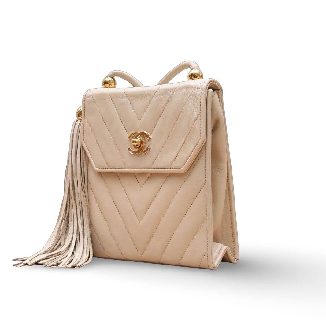 Chanel Vintage Quilted Lambskin Fringe Crossbody Bag - GHW/ Beige