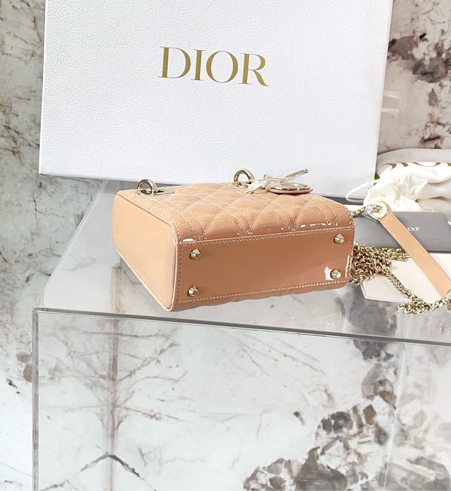 Dior Patent Mini Dior Bag - GHW/ Beige