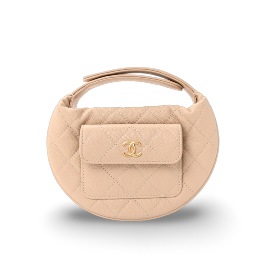 Chanel Quilted Caviar Polly Pocket Pouch Hobo - GHW / Beige