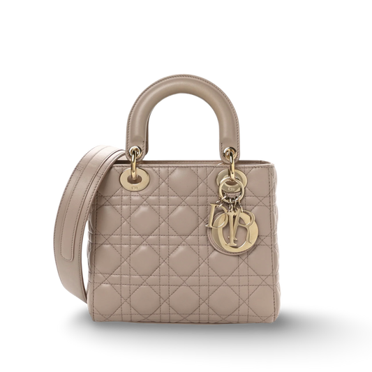 Dior Cannage Lambskin Small Lady Bag With ABC Charms - GHW / Beige (Deposit)