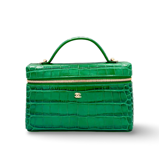 Chanel Quilted Caviar Crocodile 26A Slim Vanity Bag - GHW/ Green