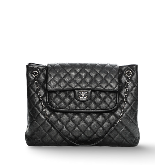 Chanel Quilted Caviar Front Flap Pocket Tote -SHW/Black