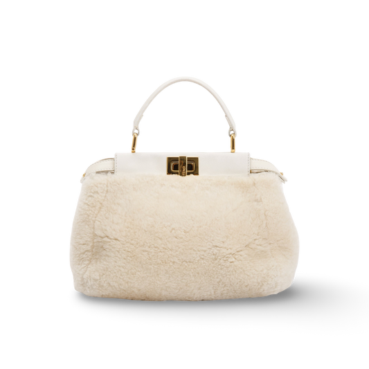 Fendi  Shearling Mini Peekaboo Handle Bag - GHW / White