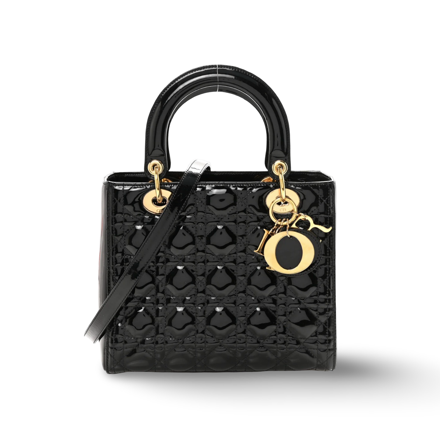 Dior Cannage Patent Medium Lady Bag - GHW/ Black