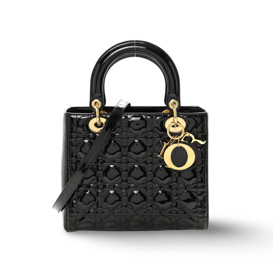 Dior Cannage Patent Medium Lady Bag - GHW/ Black