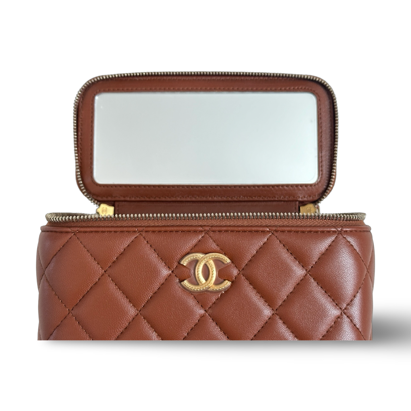 Chanel Classic Shiny Calfskin Top Handle Medium Vanity Case Carmel