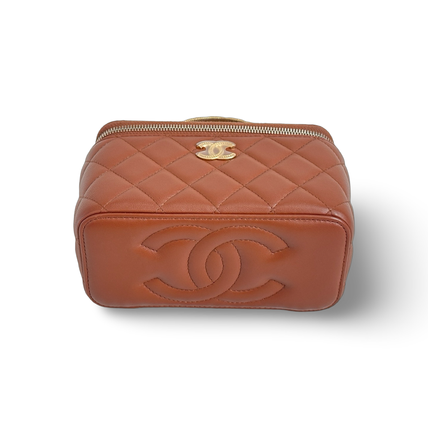 Chanel Classic Shiny Calfskin Top Handle Medium Vanity Case Carmel