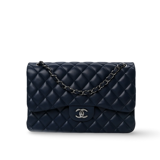 Chanel Quilted Lambskin Jumbo Classic Double Flap - SHW/ Navy