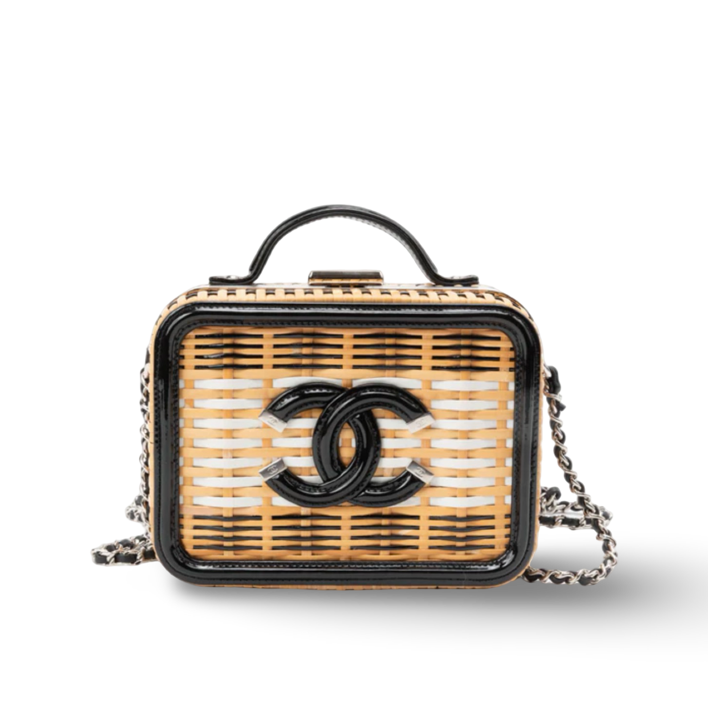 Chanel Raffia Patent Small CC Filigree Vanity Case - GHW/ Black
