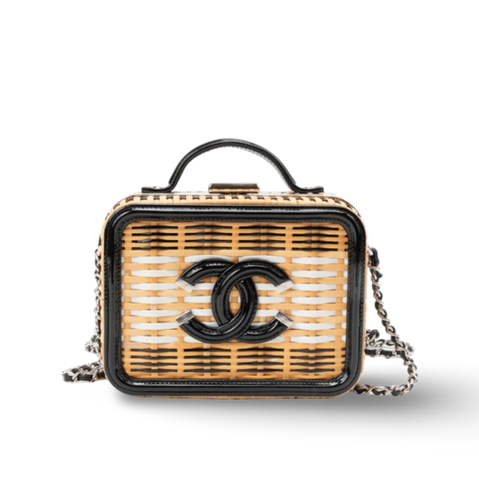 Chanel Raffia Patent Small CC Filigree Vanity Case - GHW/ Black