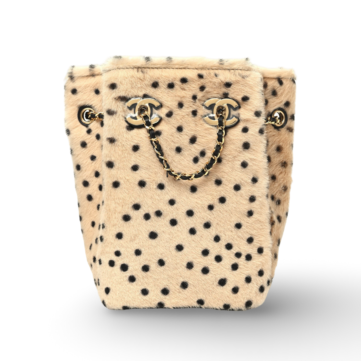 Chanel Quilted Pony Hair Cheetah Printed CC Chain Bucket Bag -GHW/Light Beige Black