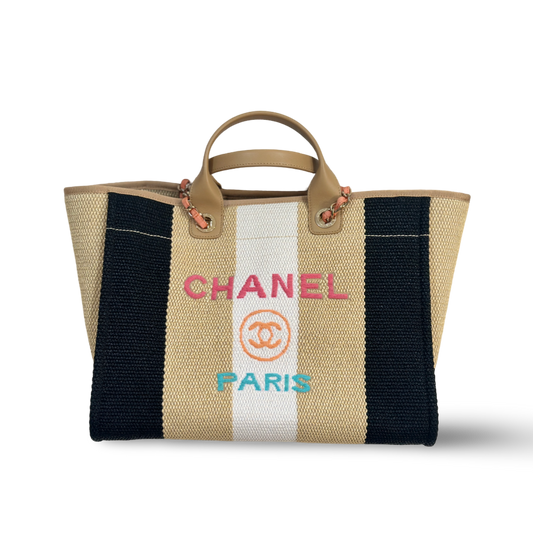 Chanel Straw Raffia Calfskin Striped Medium Deauville Tote Beige