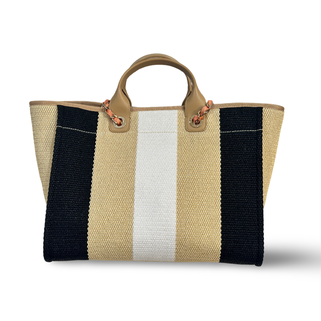 Chanel Straw Raffia Calfskin Striped Medium Deauville Tote Beige