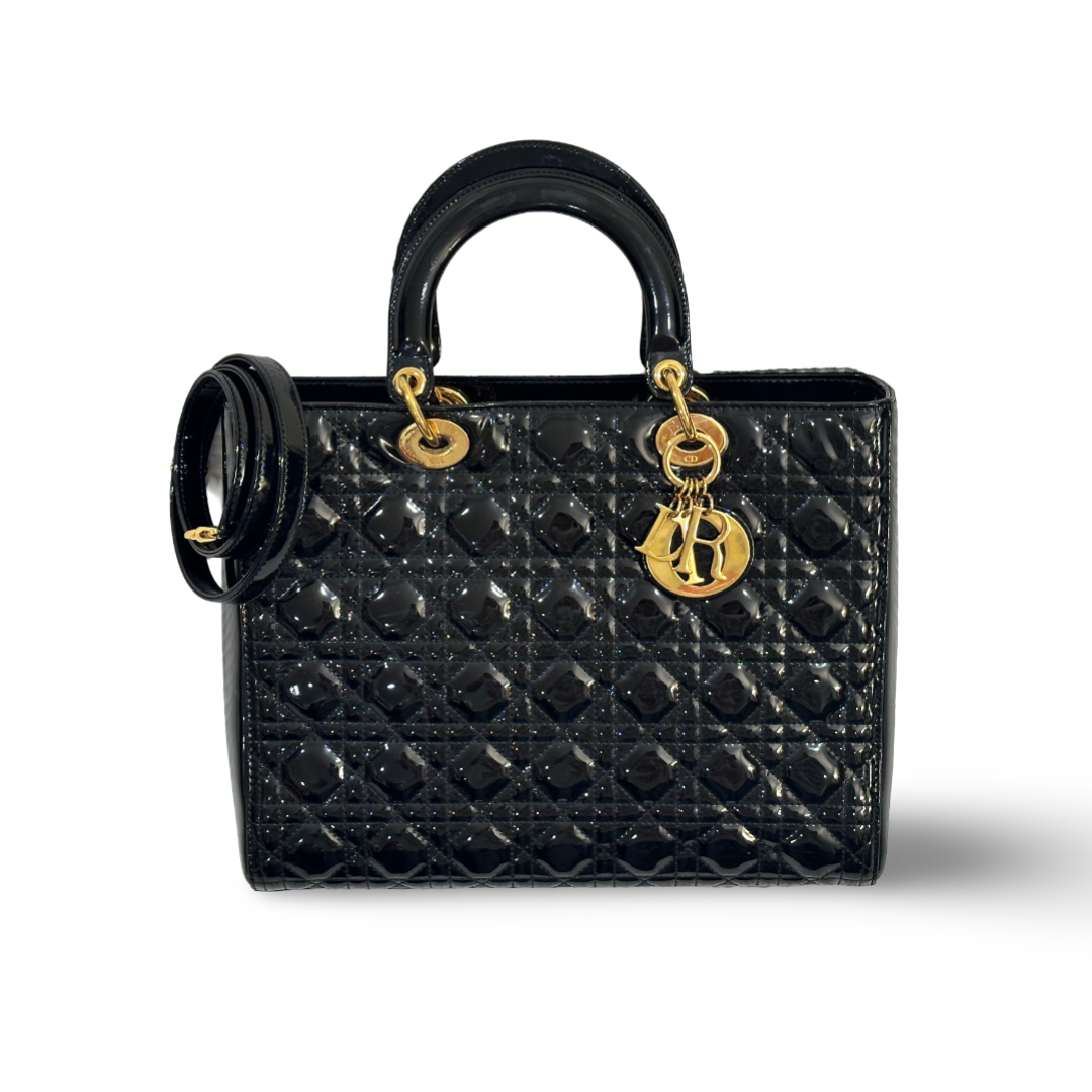 Dior Cannage Patent Large Lady Black Bag Black