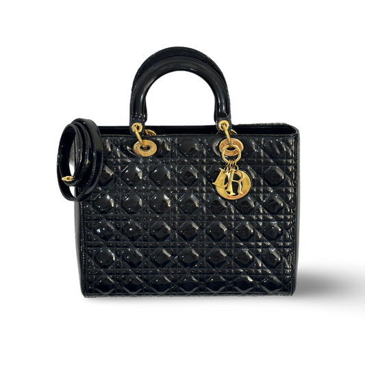 Dior Cannage Patent Large Lady Black Bag Black