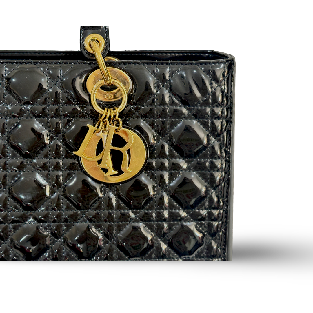 Dior Cannage Patent Large Lady Black Bag Black