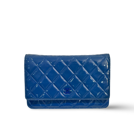 Chanel Classic Patent Quilted Wallet On Chain WOC Blue