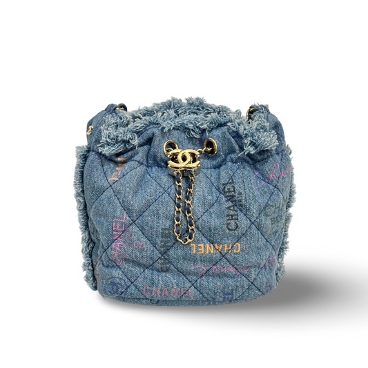 Chanel Denim Quilted Medium Mood Bucket With Chain Blue Multicolor
