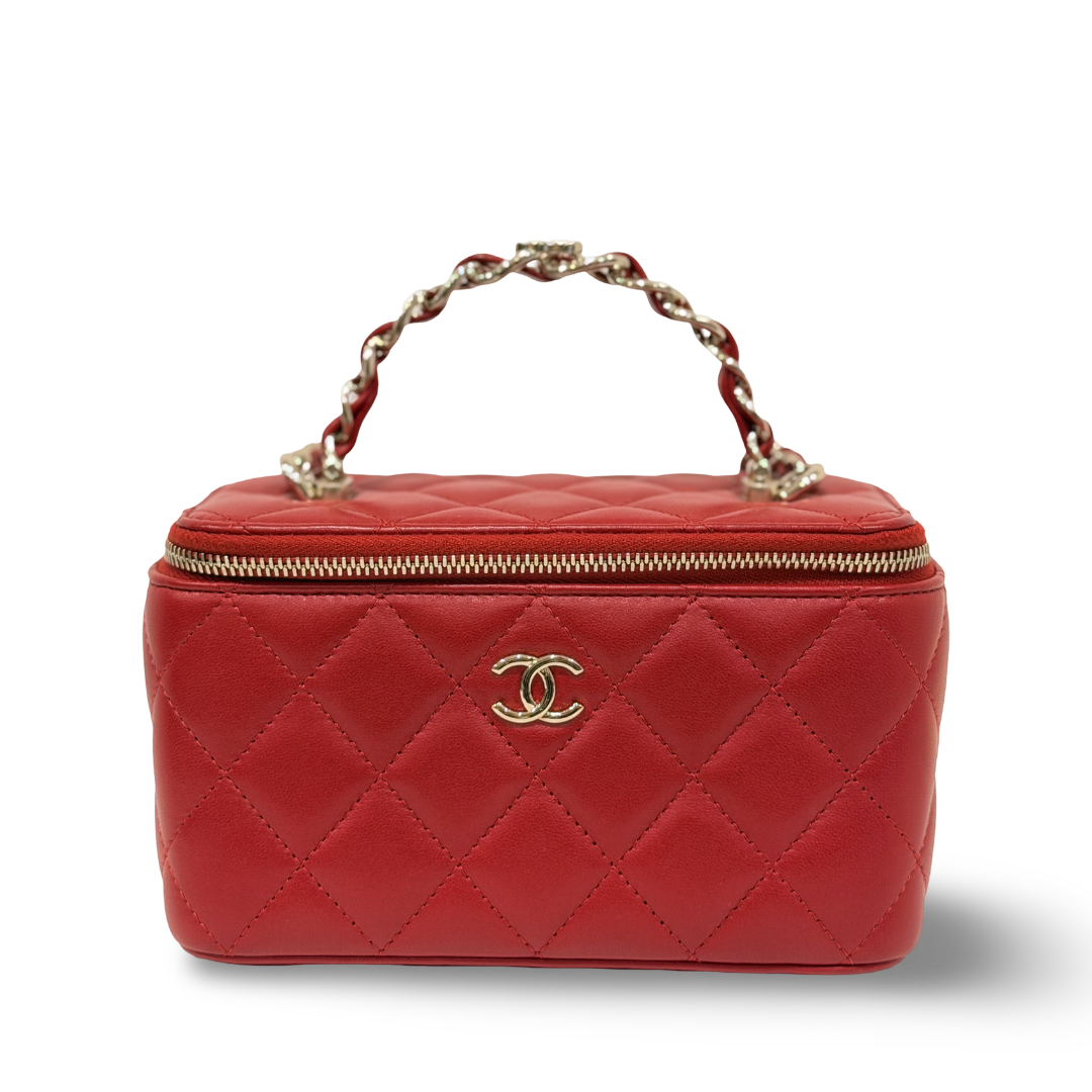Chanel Quilted Lambskin Small Logo Tophandle Vanity Case - GHW / Red