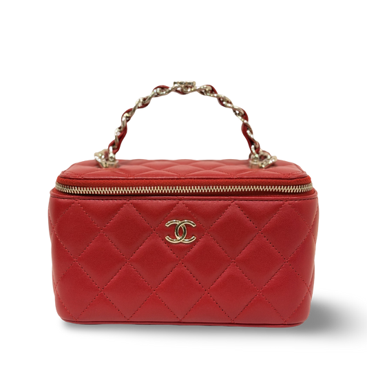 Chanel Quilted Lambskin Small Logo Tophandle Vanity Case - GHW / Red