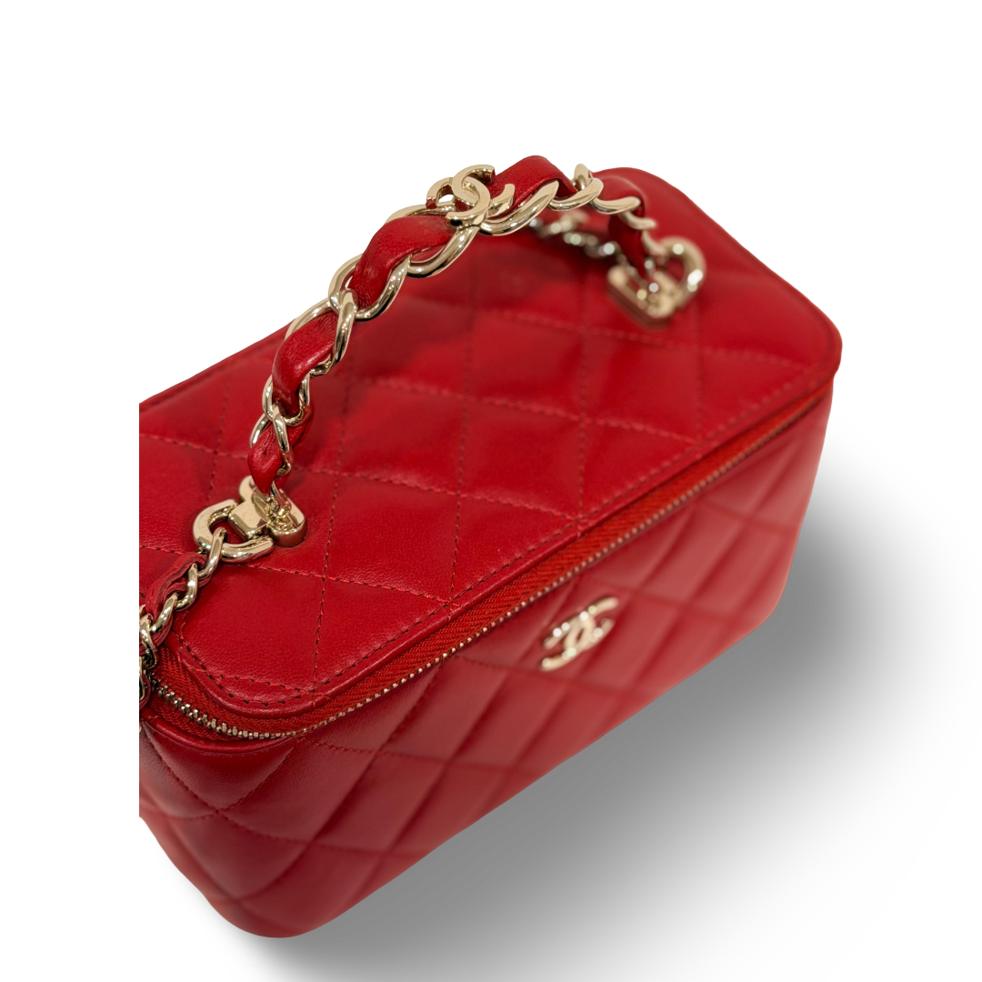 Chanel Quilted Lambskin Small Logo Tophandle Vanity Case - GHW / Red