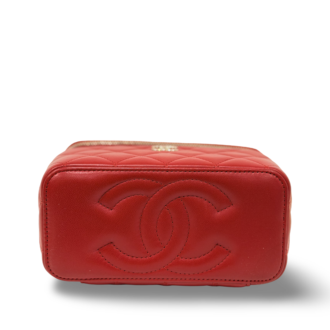 Chanel Quilted Lambskin Small Logo Tophandle Vanity Case - GHW / Red