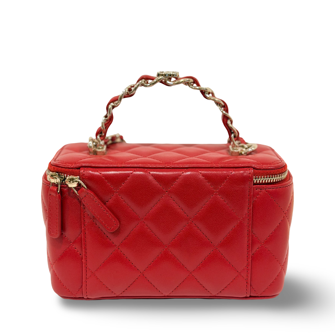 Chanel Quilted Lambskin Small Logo Tophandle Vanity Case - GHW / Red