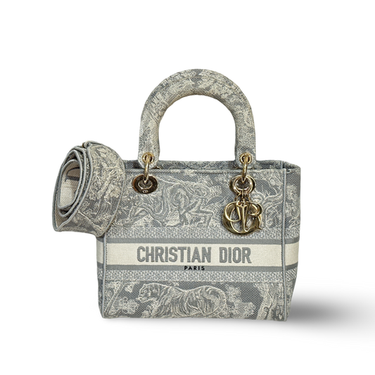 Dior Canvas Toile De Jouy Reverse Embroidered Medium Lady D-Lite Bag Gray