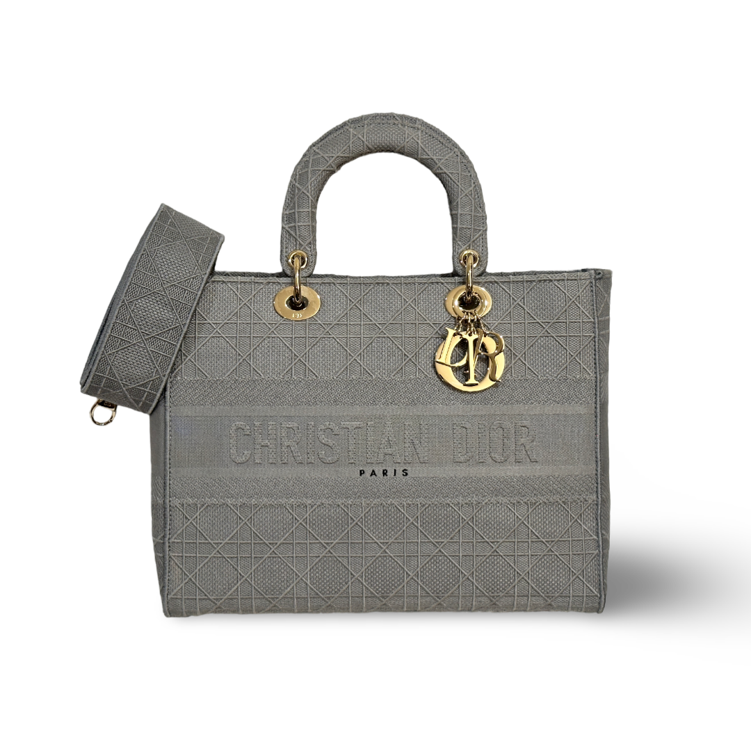 Dior Cannage Canvas Embroidered Lady D-Lite Bag - Gray