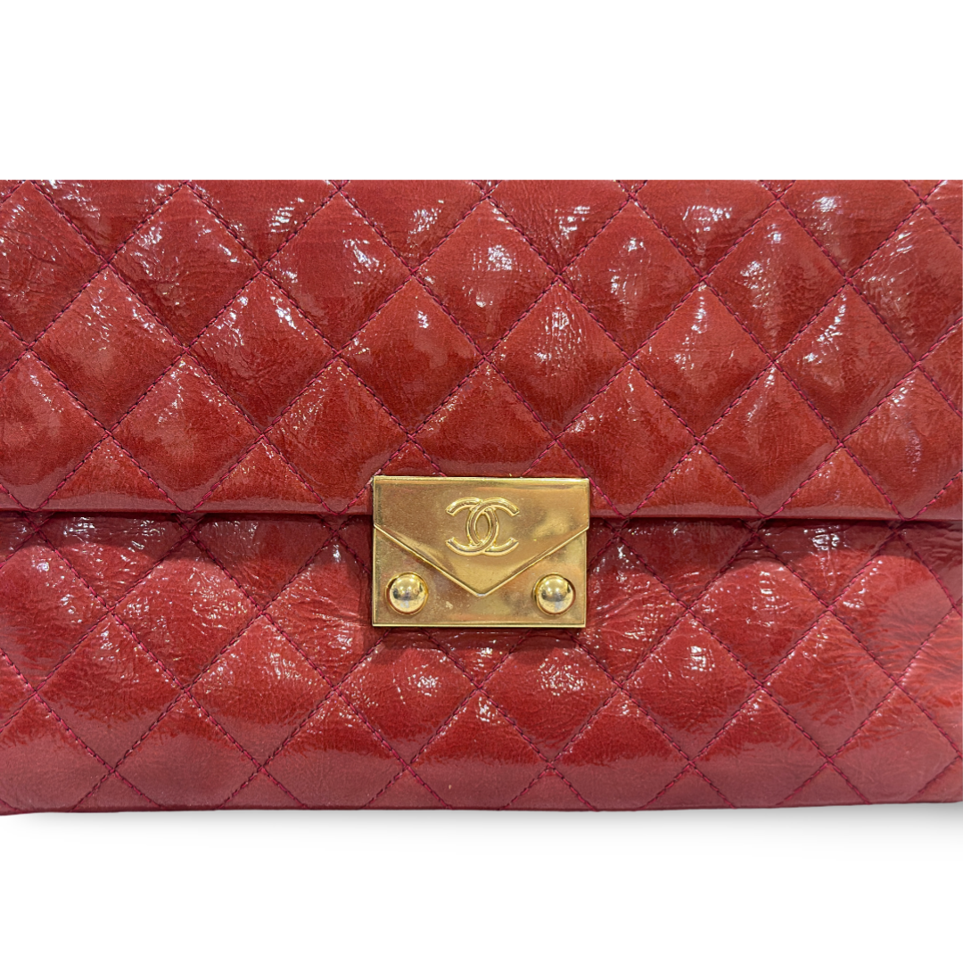 Chanel Classic Patent Envelope Gold Lock Multiple Flaps Red