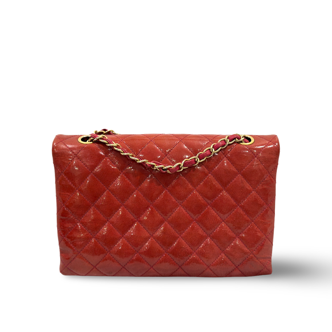 Chanel Classic Patent Envelope Gold Lock Multiple Flaps Red