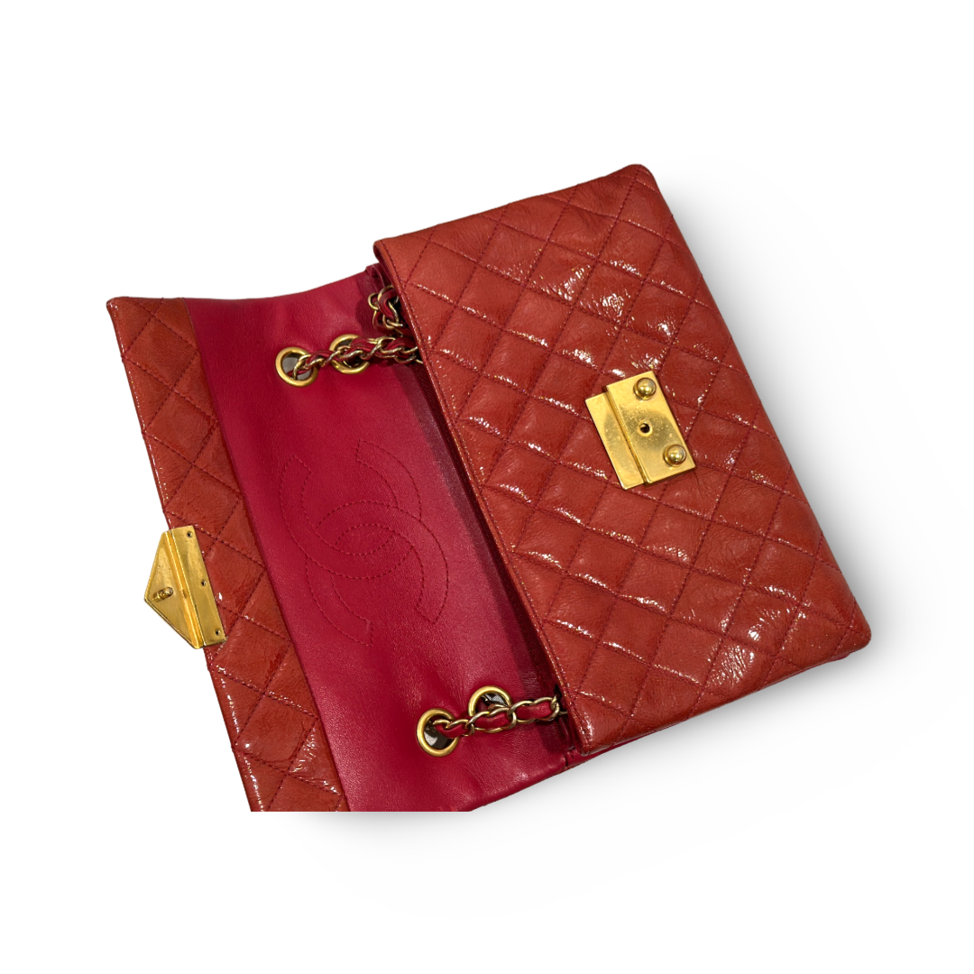 Chanel Classic Patent Envelope Gold Lock Multiple Flaps Red