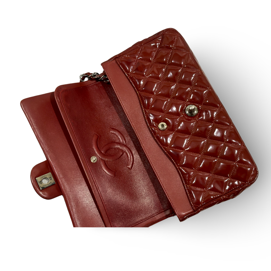 Chanel Classic Patent Quilted Medium Double Flap Wine Red