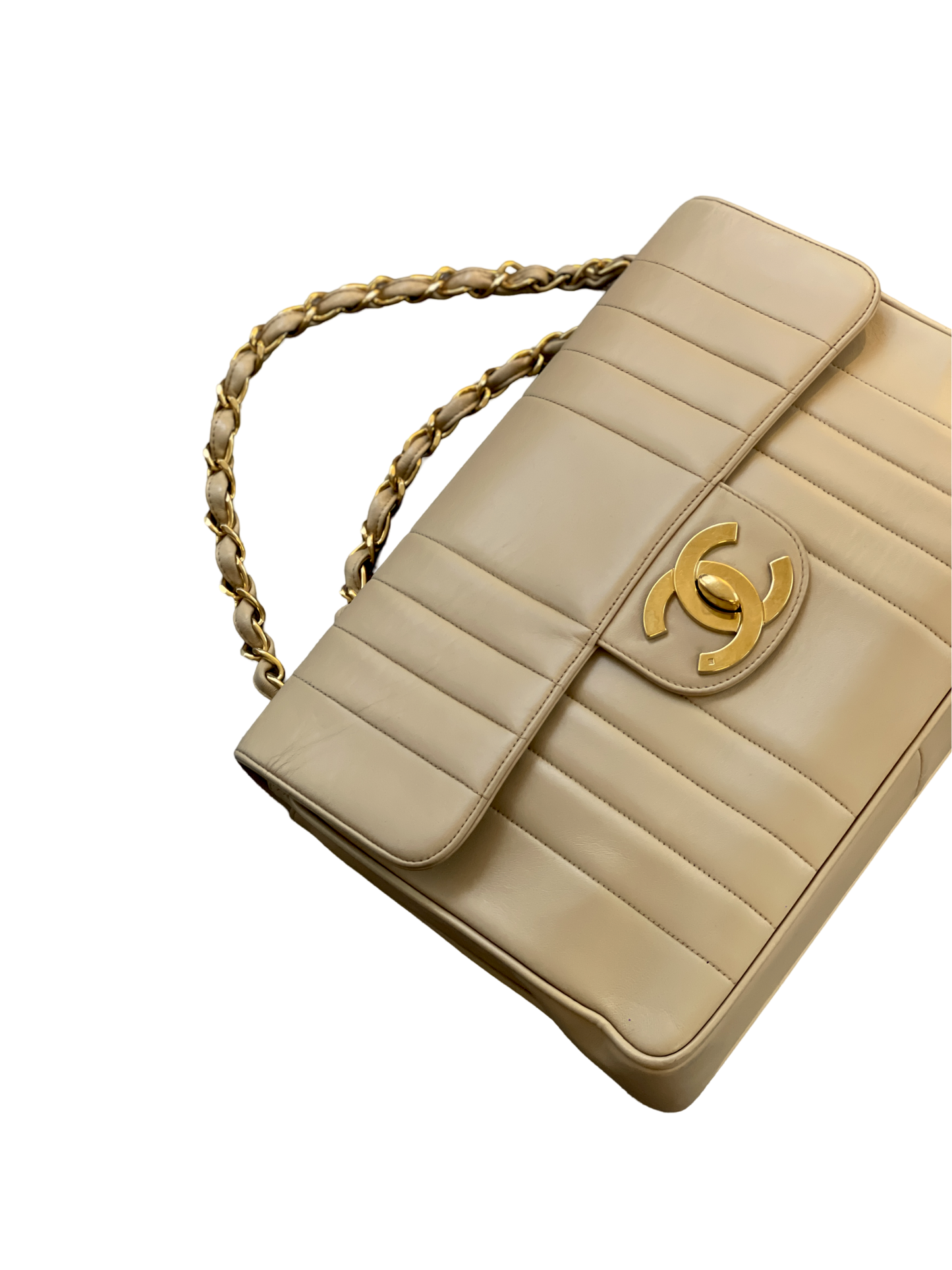 Chanel Vintage Vertical Calfskin Jumbo Large Logo Single Flap Beige