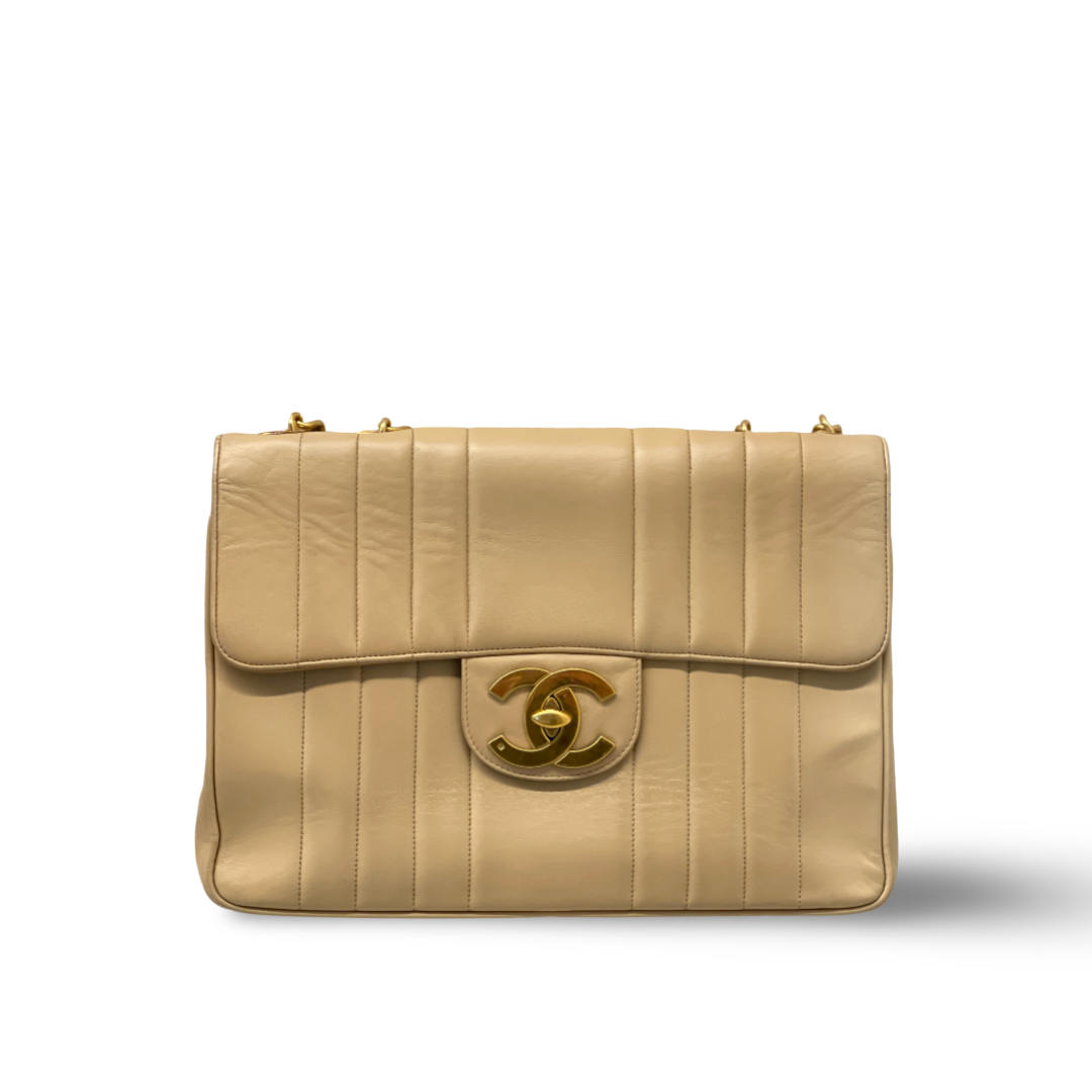 Chanel Vintage Vertical Calfskin Jumbo Large Logo Single Flap Beige