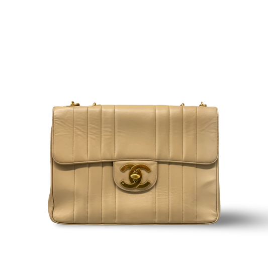 Chanel Vintage Vertical Calfskin Jumbo Large Logo Single Flap Beige