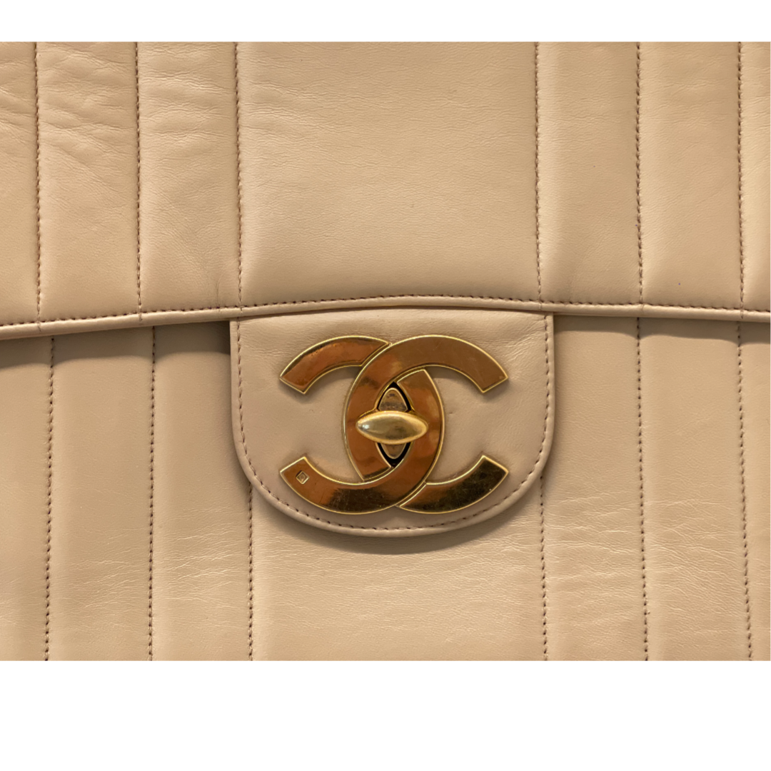 Chanel Vintage Vertical Calfskin Jumbo Large Logo Single Flap Beige
