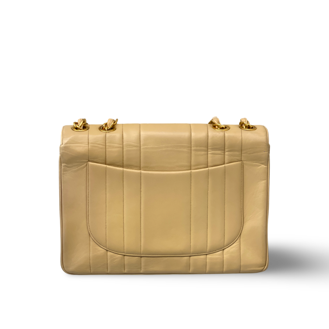 Chanel Vintage Vertical Calfskin Jumbo Large Logo Single Flap Beige