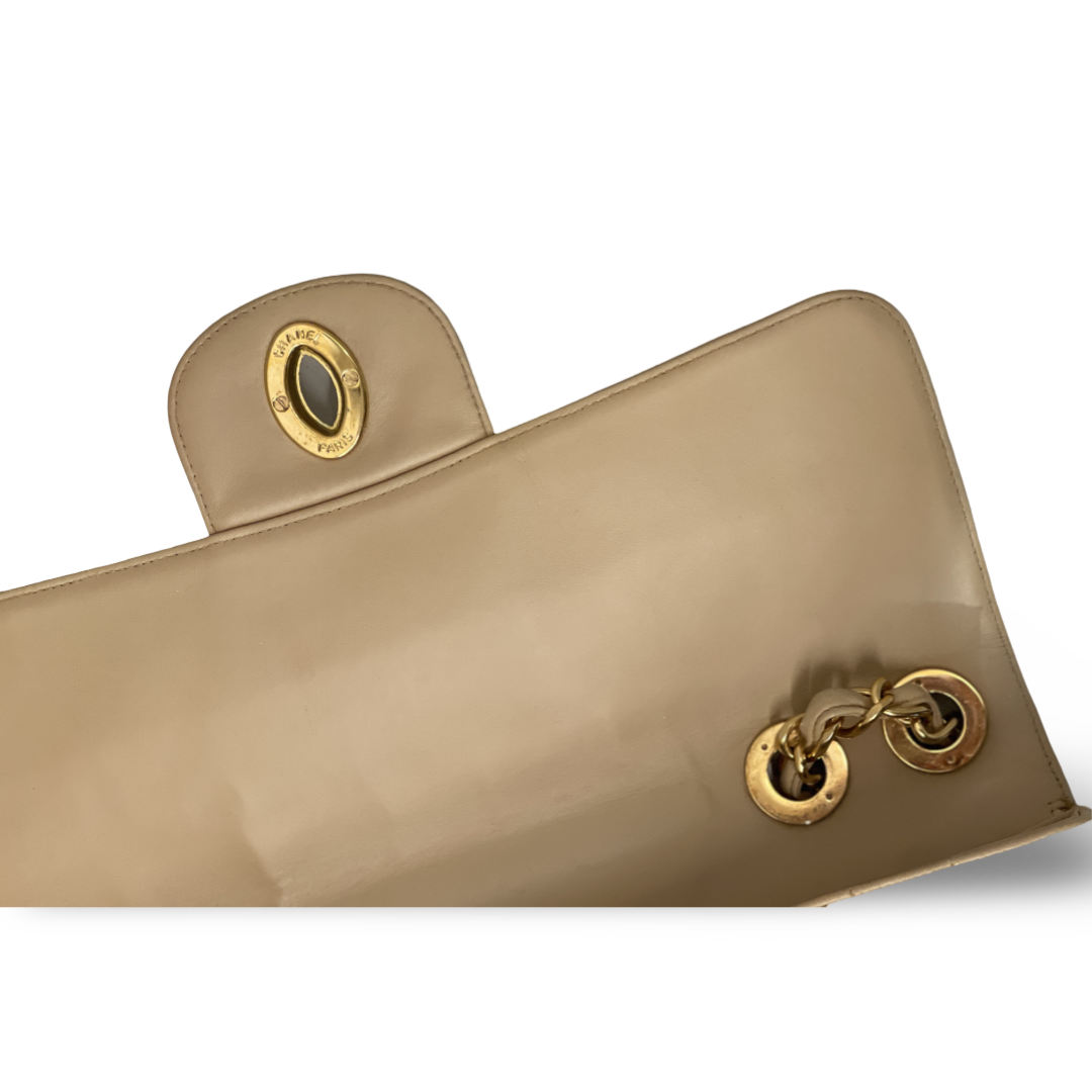Chanel Vintage Vertical Calfskin Jumbo Large Logo Single Flap Beige