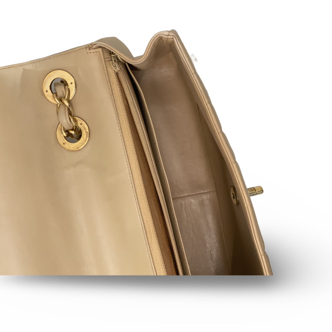 Chanel Vintage Vertical Calfskin Jumbo Large Logo Single Flap Beige