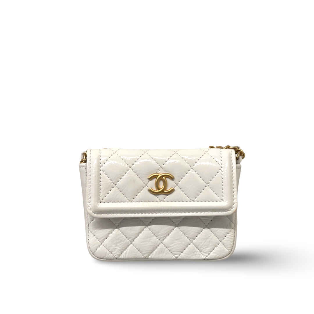 Chanel Shiny Aged Calfskin Quilted Waist Belt Bag White