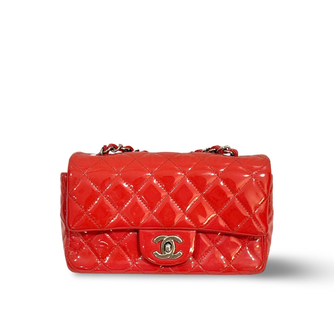 Chanel Classic Patent Quilted Mini Rectangular Single Flap Peach Pink