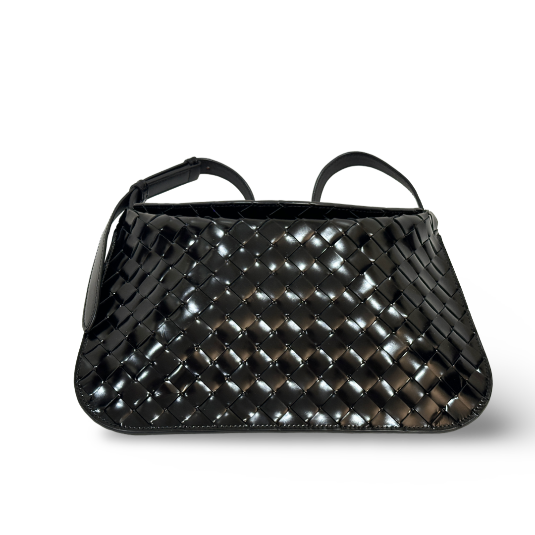 Bottega Veneta Black Patent Intrecciato Shoulder Bag Black