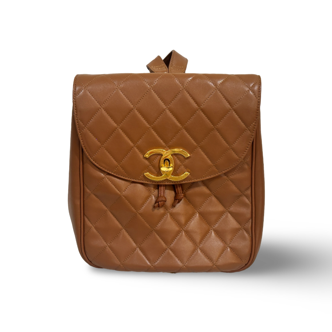 Chanel Vintage Lambskin Quilted Big Logo Backpack Brown